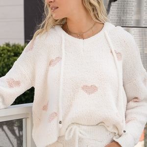 COZY BERBER WHITE WITH PINK HEARTS PULLOVER HOODIE BY POL